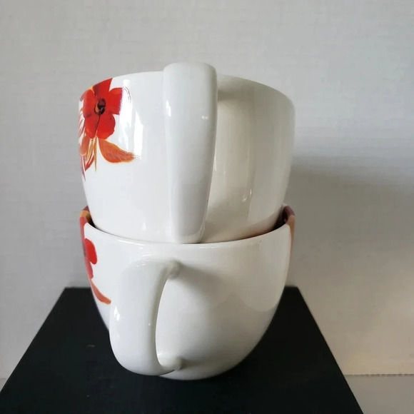 Starbucks 2008 set  of 2 White/Orange/Red Poppy Flower Ceramic Coffee Mugs. - Picture 7 of 9